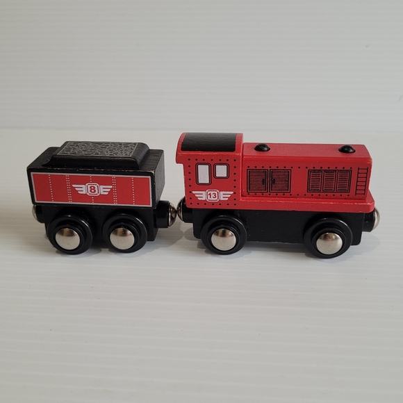 Wooden Toy Train Engine #13 Red Magnets &  Black Red Train Car #8 Magnetic. - Picture 1 of 10